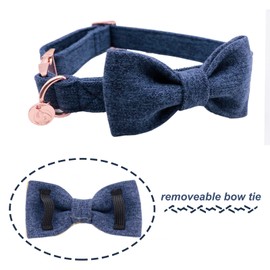 DOGWONG Cotton Dog Collar with Bow Deep Blue Pet Collar Durable Adjustable for Medium Large Dogs