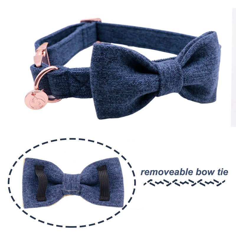 DOGWONG Cotton Dog Collar with Bow Deep Blue Pet Collar