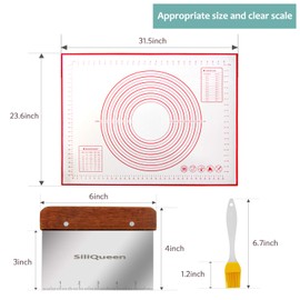 SiliQueen Silicone Pastry Baking Mat with Measurements Extra a Brush and a Dough Scraper - 31.5” x 23.6” Heat Resistant, BPA Free, Non-Stick Non-Slip Pastry Mat for Rolling Dough - Easy to Clean, Red