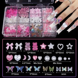 3D Bows Pearl Heart Nail Charms, Acrylic Butterfly Bear Heart Bows Flowers Charms for Acrylic Nail for DIY Accessories Valentines Day