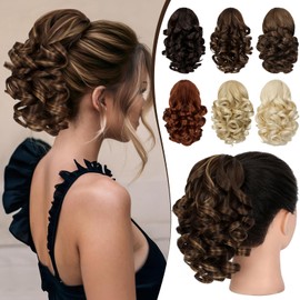 FELENDY 9" Short Ponytail Extension Curly Wavy Claw Clip in Ponytail Hair Extensions Clip on Fluffy Pony Tails Small Jaw Clips for Women Synthetic Hairpiece Chocolate Brown Mix Ash Blonde