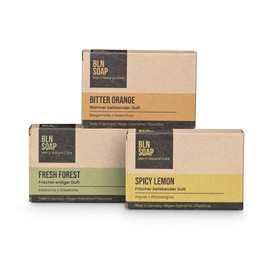 BLN SOAP Männerseifen Starter Set: Trio Seifen Bundle mit Bitter Orange, Fresh Forest & Spicy Lemon, Feste Körperseife für Männer, Natürlich, Plastikfrei, Vegan, Made in Germany, 3 x 135 g