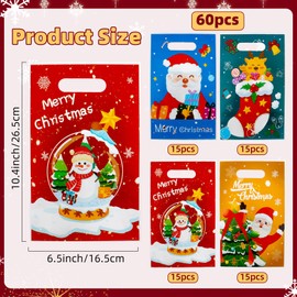 Christmas Treat Bags with Handles, 60 PCS Christmas Goodie Bags, Xmas Gift Bag, Plastic Snowman Santa Claus Candy Goody Cookie Snack Bag Holiday Party Favor Bag for Xmas Winter Party Favor Supplies