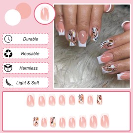 Ceboic 24 Pcs False Nails, Short Square Press on Nails French Pink Fake Nails, Glossy Gold Leaf Acrylic Stick on Nail Tips with Glue Sticker for Women and Girls Nails Art