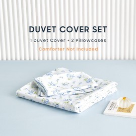 Wake In Cloud - Coquette Duvet Cover Set, Floral Cottagecore Flower Shabby Chic Cute Aesthetic, Soft Lightweight Bedding for Women Teen Girls, 3-Piece, White Blue, Queen Size