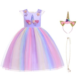 URAQT Unicorn Costume, Princess Unicorn Dress Fancy Dress with Necklace, Headband for Kids & Toddlers Birthday/Cosplay/Hallween Party,Purple 110CM