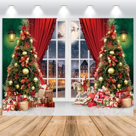 ASDCXZ Christmas Backdrop 2.2x1.5m, Window Snow Scene Red Curtain Christmas Tree Gift Box Photo Backdrop, Vinyl Family Celebration Party Ornaments Photography Backdrop Banner
