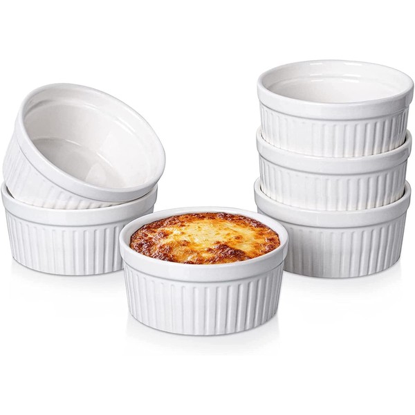 Delling Ramekins 12 Oz Oven Safe, Creme Brulee Set, 6 PACK Porcelain Souffle Dish for Baking, Soup Bowls for French Onion Soup White