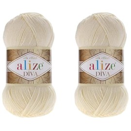 Alize Diva Yarn Hand Knitting Yarn 100% Microfiber Acrylic Yarn Alize Diva Silk Effect Thread Crochet Art Lace Craft Lot of 2 skeins 200gr 767 yds (01-Cream)