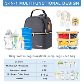 BABEYER Breastmilk Cooler Bag with Ice Pack Fits 6 Baby Bottles up to 9 Ounce, Breastmilk Pump Cooler Bag with Shoulder Strap for Nursing Mom Daycare, Work, Travel- Grey