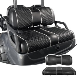 NOKINS Golf Cart Seat Covers Fit for Yamaha Drive/Drive2 OEM Standard Front Seat Cushion, Backrest Vinyl Leather Litte Diamond Seat Covers, No Stapler Required (Black&White Piping)
