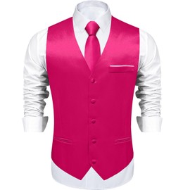 DiBanGu Mens Satin Suit Vest and Tie Set 8PCS Solid Waistcoat and Bowtie with Lapel Pin for Tuxedo Dress Vest Wedding Formal, Hot Pink, X-Large