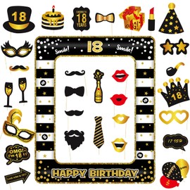 VEGCOO 18th Birthday Photo Booth Accessories, 31 Selfie Accessories, Large Black Gold Inflatable Photo Frame, Decoration Supplies (A)
