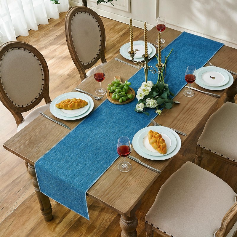 Table Runner Washable Blue 30 x 180 cm Linen Rustic