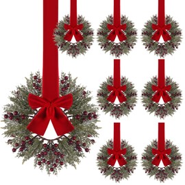 6 Pcs Christmas Kitchen Cabinet Wreaths with Red Berries and Ribbon 13'' Small Christmas Wreath Decorations with Farmhouse Decoration Artificial Hanging Garlands for Front Door Window Wall