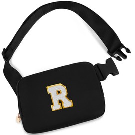 Uygafly Belt Bag Crossbody Bags for Girls Women - Gifts for 8 9 10 11 12 13 Year Old Girl - Teen Birthday Gifts - Small Waist Packs Trendy Kids Fanny Pack - Initial White R,Black Bag