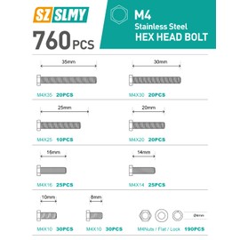 760 Piece Hex Screws Nuts Set, M4 Screws Set, Stainless Steel Threaded Screws Set, Machine Screws, Bicycle Screws and Nuts Set with Washers for Car Furniture (760, M4)