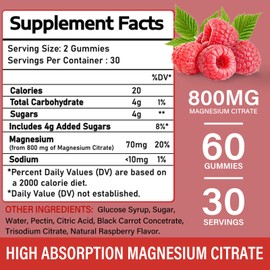Magnesium Gummies for Adults, 800mg Magnesium Citrate High Absorption Supplement, Supports Nerve/Bone Health, Muscle Health, Vegetarian, 60 Count