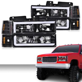 PIT66 LED DRL Headlights Assembly, Compatible with 1994-1998 Chevy C10 C/K 1500 2500 3500 Fit 94-99 Chevy Tahoe Suburban w/Turn Signal Lamps Bumper Lights Corner Lamps Clear Lens Amber Reflector