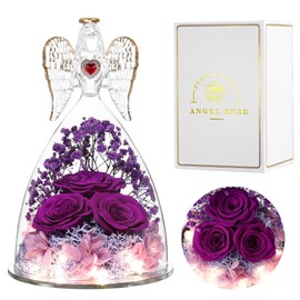 Eaprala Birthday Gifts for Women Grandma Mom Girlfriend,Preserved Flower Unique Three Real Roses in Glass Angel Figurines, Angels Gifts for Her on Christmas,Valentines Day,Mothers Day.Purple