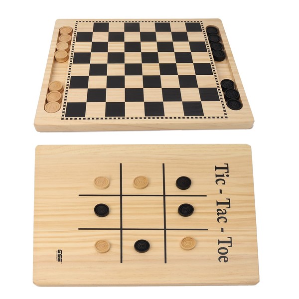 GSE 2-in-1 Reversible Natural Wood Checkers & Tic-Tac-Toe Board Game Combo Set with Game Pieces. Family Game for Boys & Girls, Adults. Fun, Family-Friendly Board Game