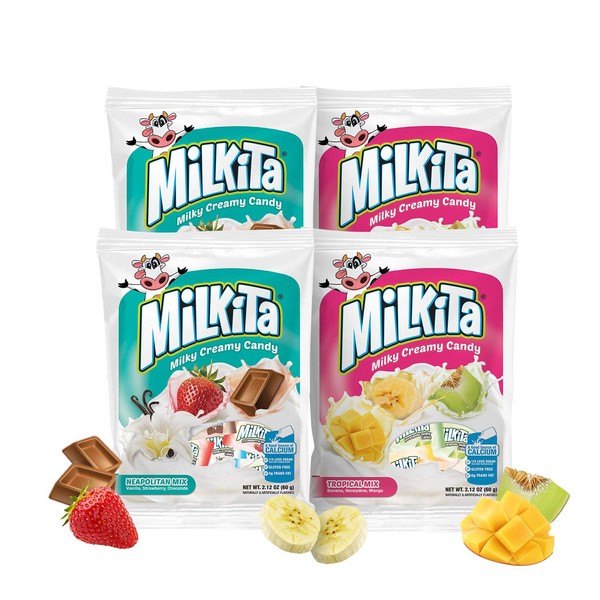 Milkita Creamy Shake Candy Pack of 4, Gluten Free Chewy Candies with Calcium & Real Milk, Zero Trans Fat, Low-Sugar, Assorted Neapolitan Flavors (Vanilla, Strawberry, Chocolate) & Tropical Flavors (Banana, Honeydew, Mango), 120 Pcs
