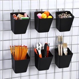 LOYIM 6 Pack Large Gridwall Cups Gridwall Storage Bin with Hooks Hanging Baskets Square Box Shape Hanging Cup Holder Gridwall Accessories for Garage Workbench Office Playroom Home Kitchen(Black)