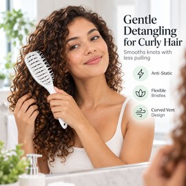 Portable Folding Hair Brush – Double-Headed Anti-Static Curved Vent Styling Brush for Curly Hair, Travel & Daily Use, White