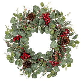 18 inch Christmas Wreath, Small Christmas Wreath for Front Door Christmas Door Wreaths with Red Berries Pine Cones Cedar Eucalyptus Leaves Aritificial Wreath for Christmas Indoor Outdoor Decorations