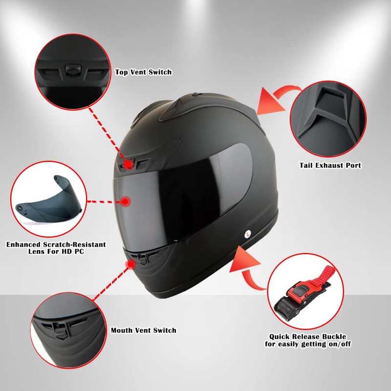 1Storm New Motorcycle Bike Full Face Helmet JH901 Glossy Black