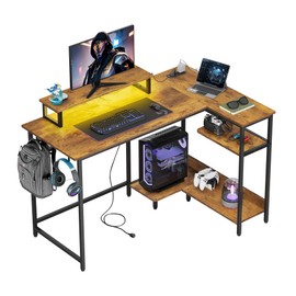 DEVAISE Gaming Desk with Power Outlets & LED Lights, L Shaped Computer Desk with Monitor Stand & Hook, 47 Inch Corner Desk with Storage Shelf, Home Office Desk for Bedroom, Rustic Brown