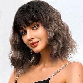 Miuric Brown Wig with Bangs Ombre Wigs for Women Short Wavy Highligh Wig Shoulder Length Bob Curly Synthetic Hair Dark Brown Wig for Party Daily Use