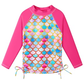 BAOHULU Girls 2-Piece Rash Guard Swimsuit Long Sleeve Bathing Suit with Swim Skirt UPF50+ Kids Beach Swimwear 2-12Y S495_PinkBlueScale_12A