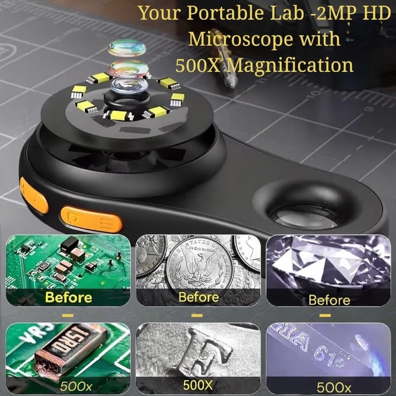 Digital Microscope 500x with 2.0" IPS Screen, Magnifying Glass, Coin