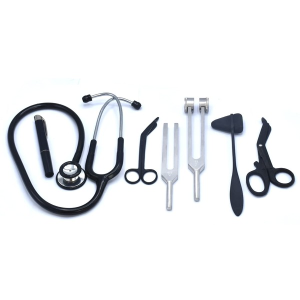 AAProTools Black - Stethoscope Dual Head Adult + EMT Shears, Penlight, 128 + 512 Tuning Fork, Taylor Hammer + Lister Bandage Scissors - Ideal for Medic Students, Nurses
