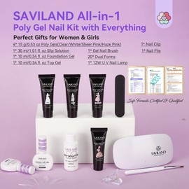 SAVILAND Poly Gel Nail Kit Starter: 4 Colors Natural Clear Poly Nail Gel with U V Lamp Slip Solution Quick Dry Nourish Nails 28 Days Durable DIY Salon Home Use