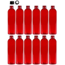 Premium Essential Oil 8 Ounce Cosmo Round Bottles, PET Plastic Empty Refillable BPA-Free, with Black Smooth Lined Non-Dispensing Caps (Pack of 12) (Red)