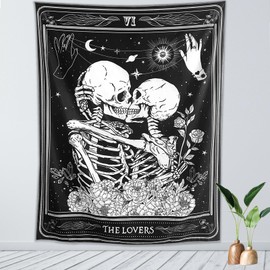 KJHL The Lovers Skull Tapestry Wall Hanging Black Gothic Witchy Tapestry Dark Vertical Skeleton Tapestries Aesthetic for Bedroom Living Room Decor 48ʺ x 36ʺ