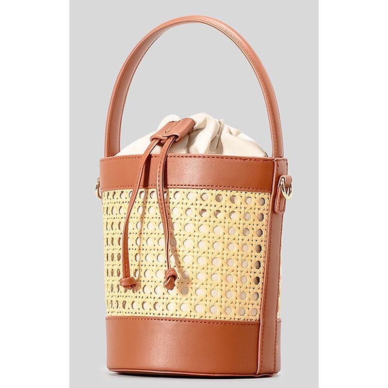 Rattan Bucket Bag for Women Straw Beach Bag Drawstring Crossbody