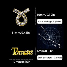 MOLILON 15pcs 3d Gold Taurus Nail Charms 5pcs Zodiac Signs and 10pcs Zodiac Letter Nail Studs Rhinestones Crystal Alloy Twelve Constellation Charms for DIY Crafts Jewelry Decoration Nail Supplies