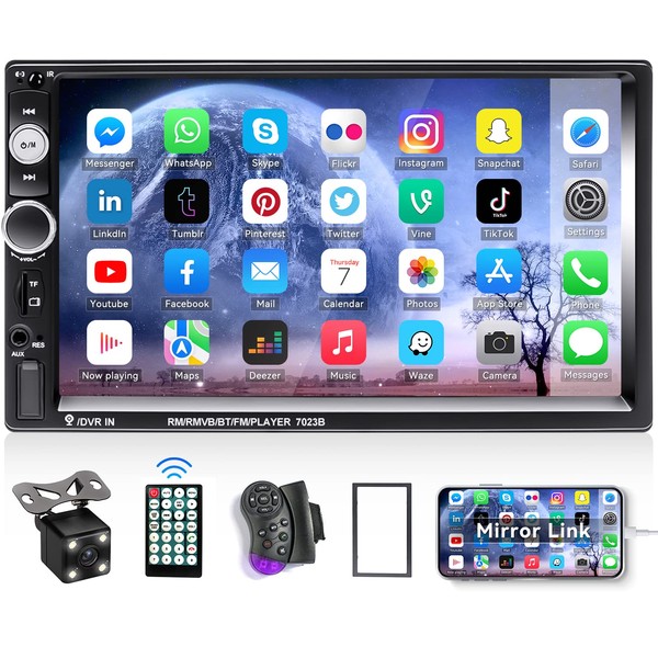 CAMECHO 7" Double Din Car Stereo Audio Bluetooth MP5 Player USB FM Multimedia Radio+ 4 LED Mini Backup Camera with Steering Wheel Remote Support Mobile Phone Synchronization (Used in Android/iOS)