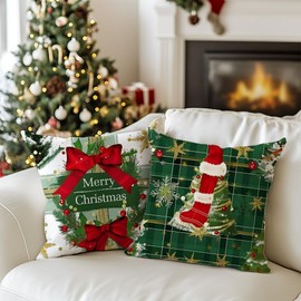 Cirzone Christmas Cushion Cover, 45 x 45 cm, Set of 2, Christmas Tree Christmas Hat, Christmas Cushion, Christmas Decor Cushion, Christmas Cushion Cover, Christmas Decoration for Home, Sofa, Bedroom