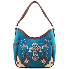 Justin West Western Floral Embroidery Studs Bling Rhinestone Cross Shoulder Concealed Carry Handbag Purse (Turquoise Tote)