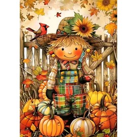 Autumn Harvest Diamond Art Kits for Adults,5D DIY Full Round Drill Scarecrow Diamond Painting Kits for Beginners Sunflower,Gem Art and Crafts Cardinal Paint by Diamonds Easy,Home Wall Decor 12X16 Inch