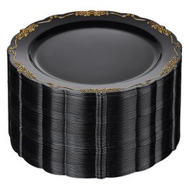DaYammi 60PCS Black and Gold Plastic Plates, Heavy Duty Black and Gold Disposable Plates Premium 10inch Dinner Plates Hard Plastic Plates Disposable for Party and Wedding