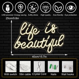 Horseneon Life is Beautiful Neon Signs for Wall Decor, Letter Neon Lights for Bedroom, Led Sign with USB Powered for Livingroom, Wall Hanging Decor, Windows (Warm White)