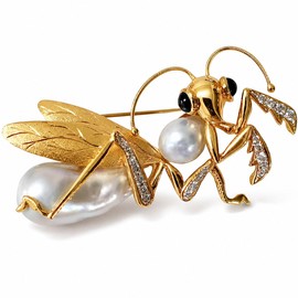 Gold Mantis Brooch, Pearl Clear Crystal Insect Lapel Pin