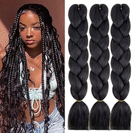 Jumbo Braiding Hair Fiber Colorful Twist Braiding Hair 3pcs Black Extensions Synthetic Hair Black Synthetic Fiber Soft Healthy(Black green)