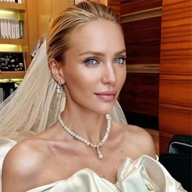 Aleasha Dainty Faux Pearl Necklace Earring Set for Women Wedding Rhinestone Pearl Pendant Bride Jewelry