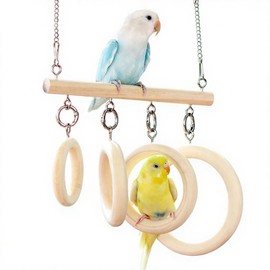 Bird Swing for Cage - Natural Wood Bird Toys Chew-Proof with 4 Rings & Perch, Cockatiel Toys for Parakeets, Conures, Lovebirds (Indoor/Outdoor) (Wood Color)